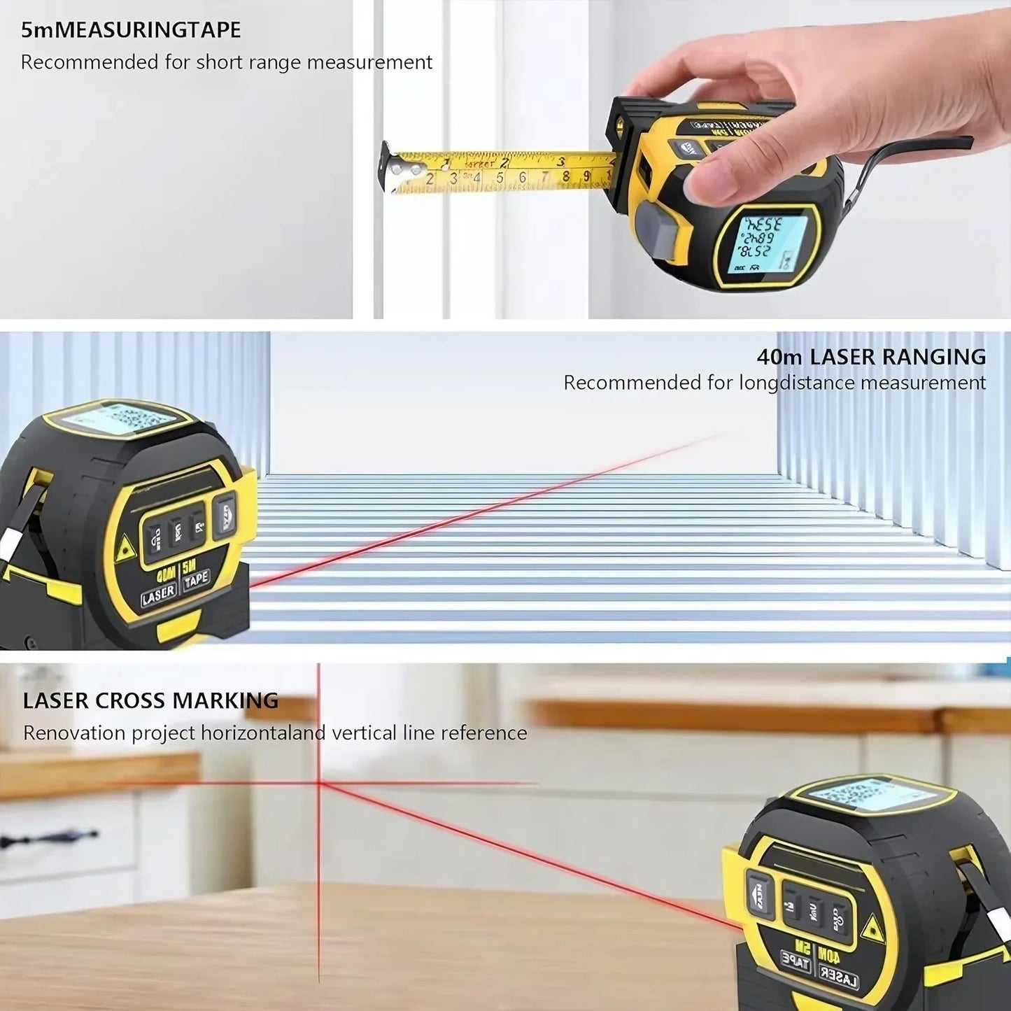 3-In-1 Laser Tape Measure 40/60M Infrared