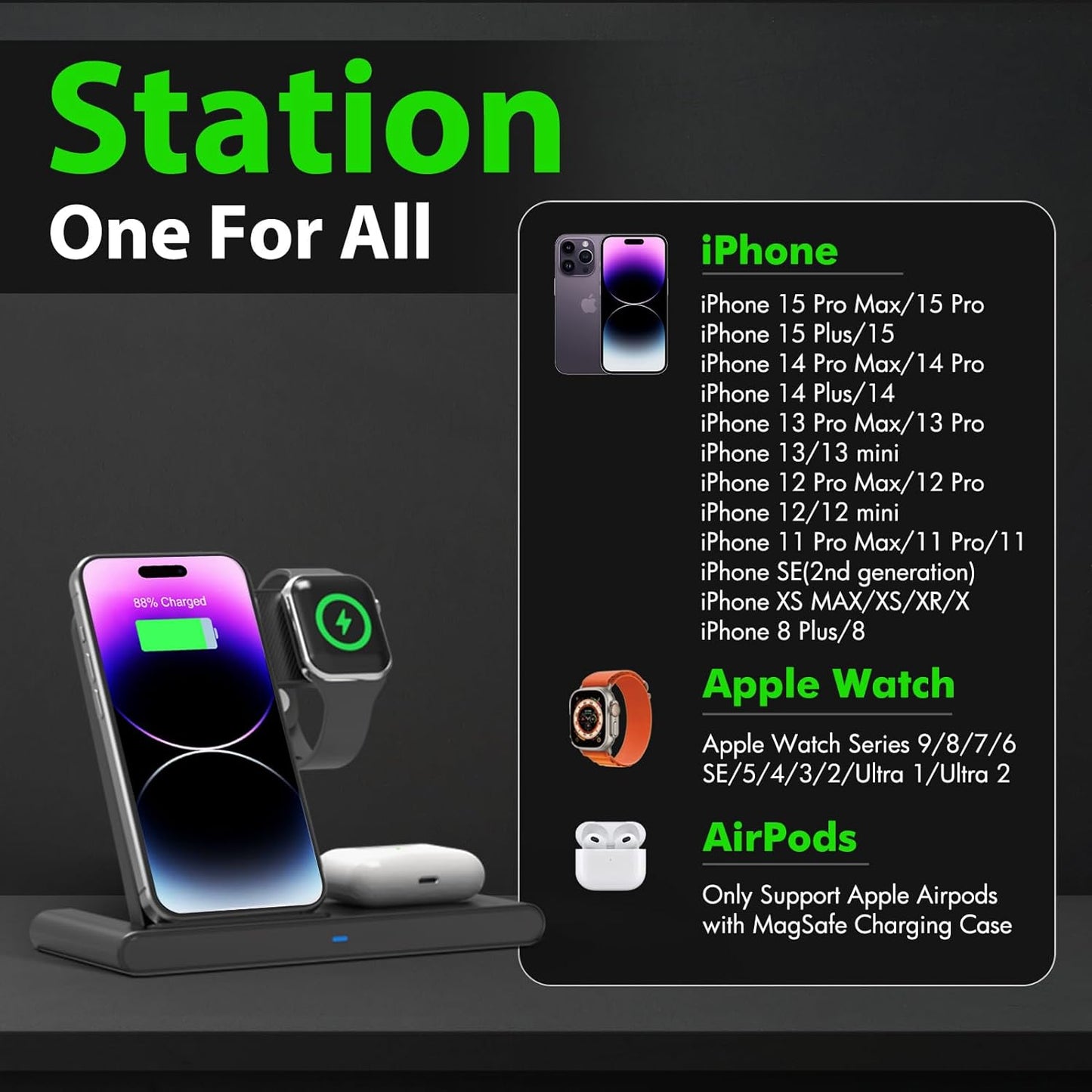 3 IN 1 Wireless Fast Charger Stand iPhone Watch AirPod