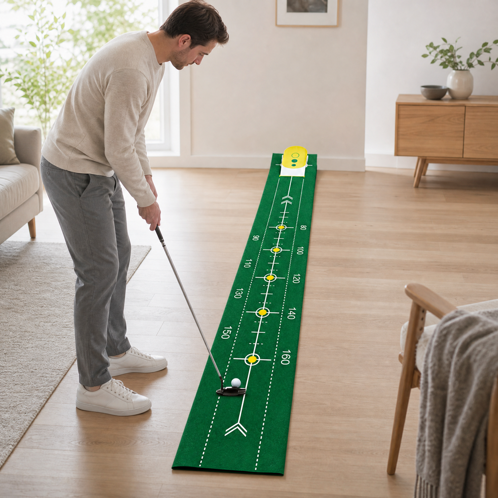 Golf putting-matte i bruk i stuen