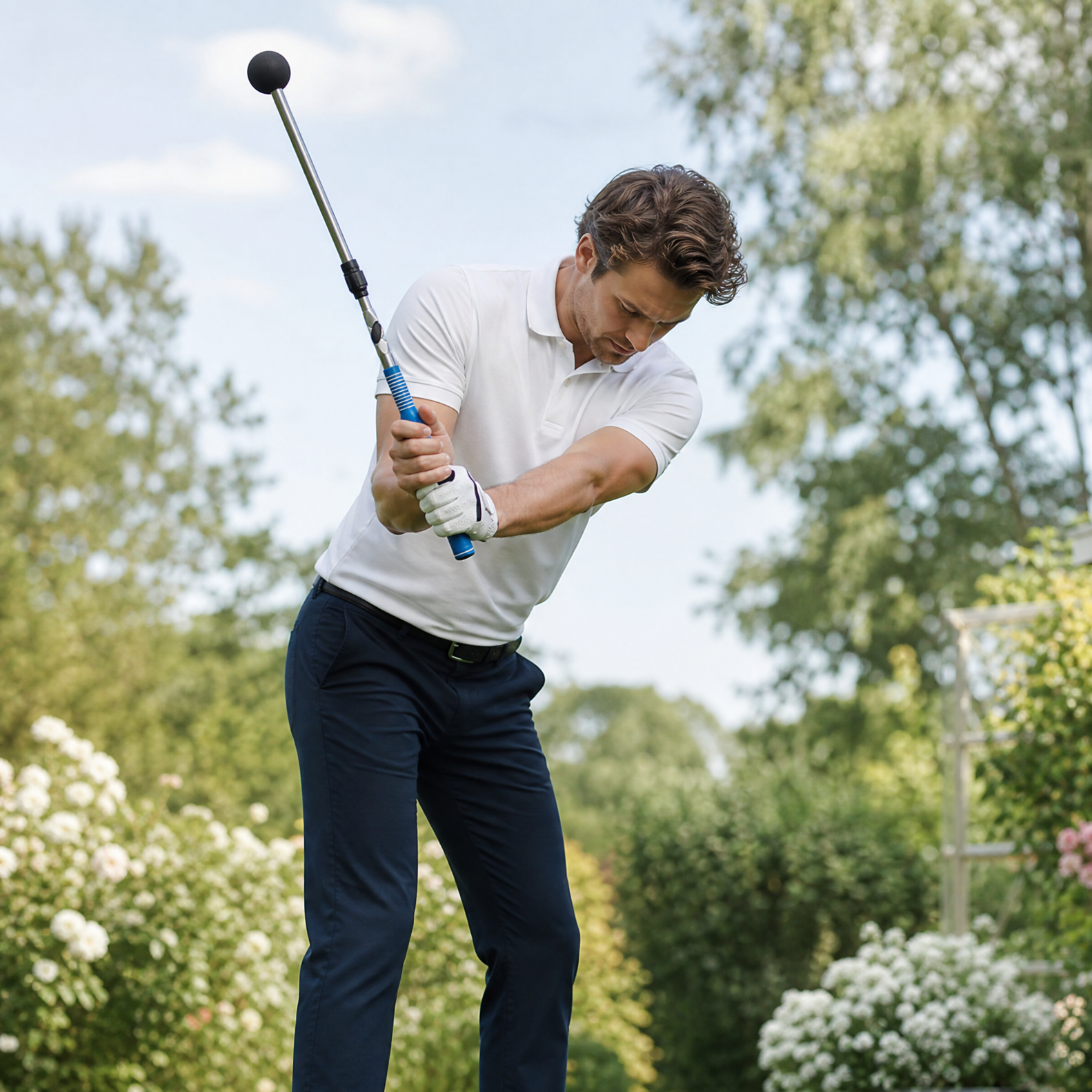 Golf swing-trener i bruk i hagen