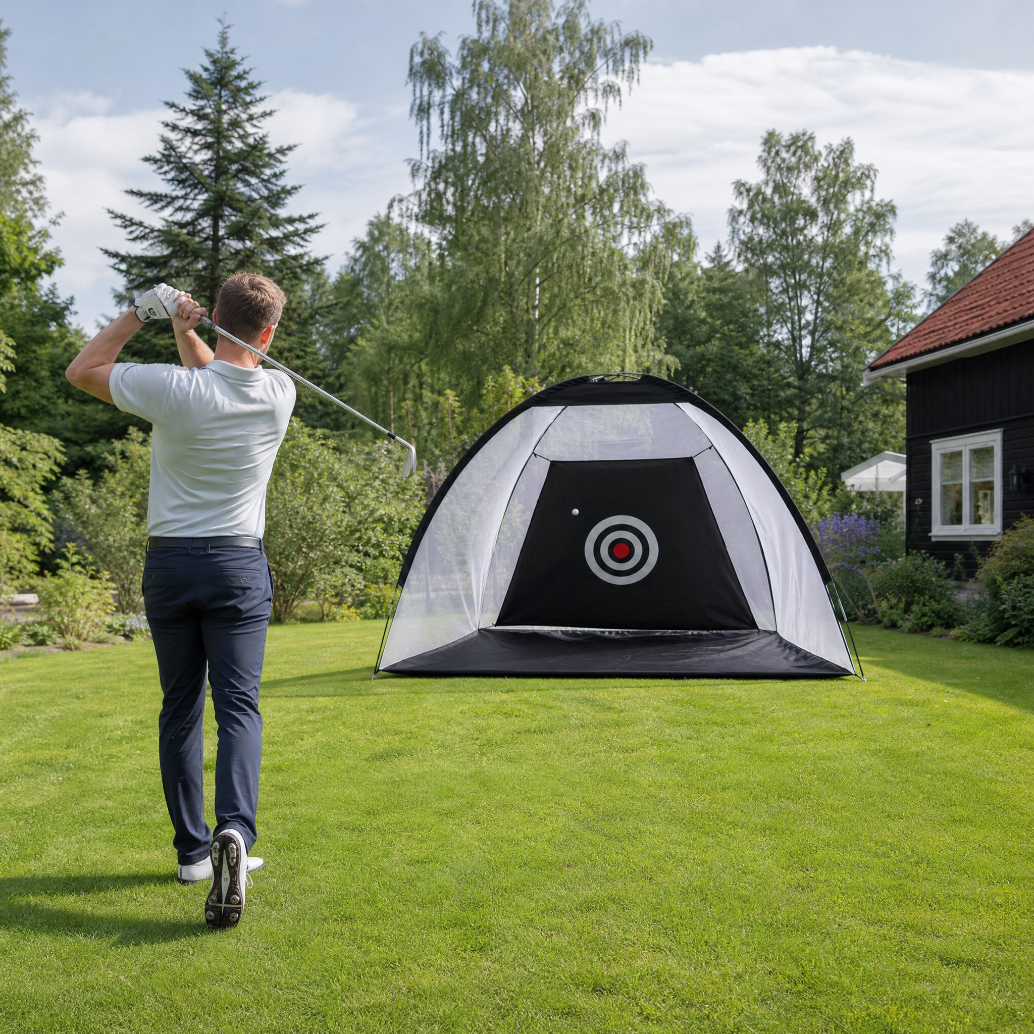 Mann som svinger mot golf treningstelt i hagen