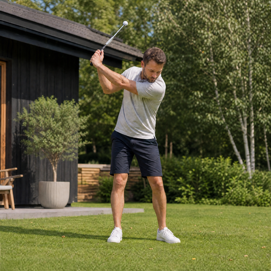 Mann som svinger med teleskopisk golf swing-trener i hage