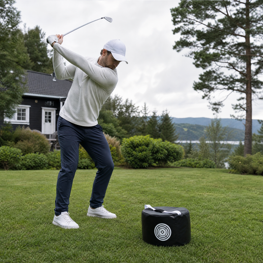 Mann på topp av backswing med golf treningsbag i hagen
